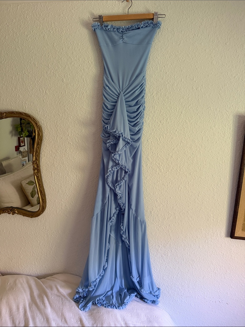 White Fox Boutique Light Blue Strapless Ruffled Ruched Maxi Dress